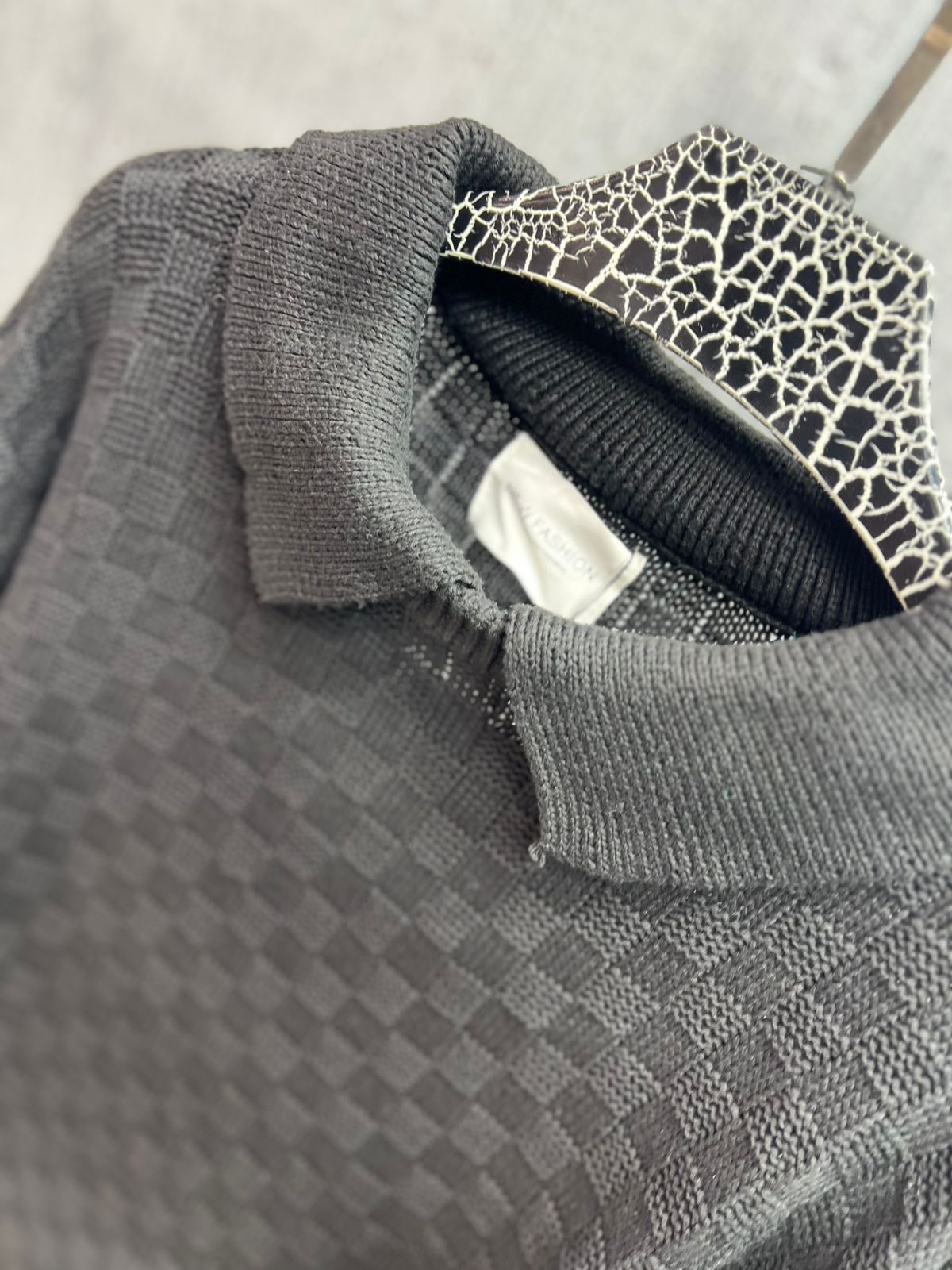 FASHION - Tonal Geometric Jacquard Polo – Onyx Black