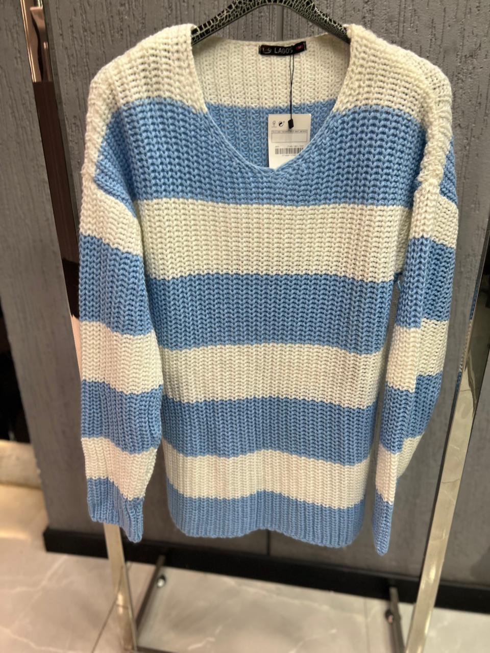 LAGOS - Heavy-Gauge Azure Stripe V-Neck – Sky Blue & Ivory