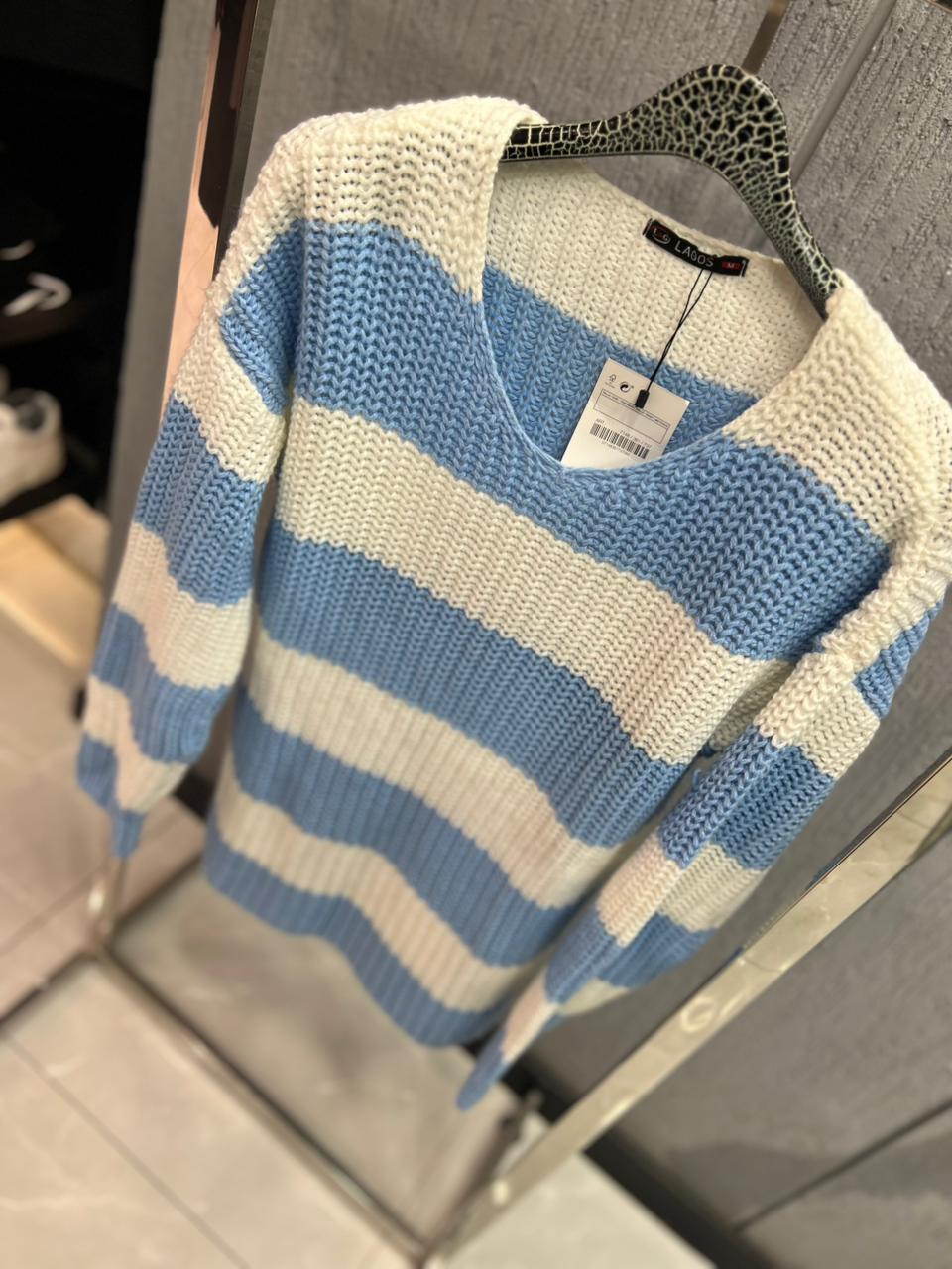 LAGOS - Heavy-Gauge Azure Stripe V-Neck – Sky Blue & Ivory