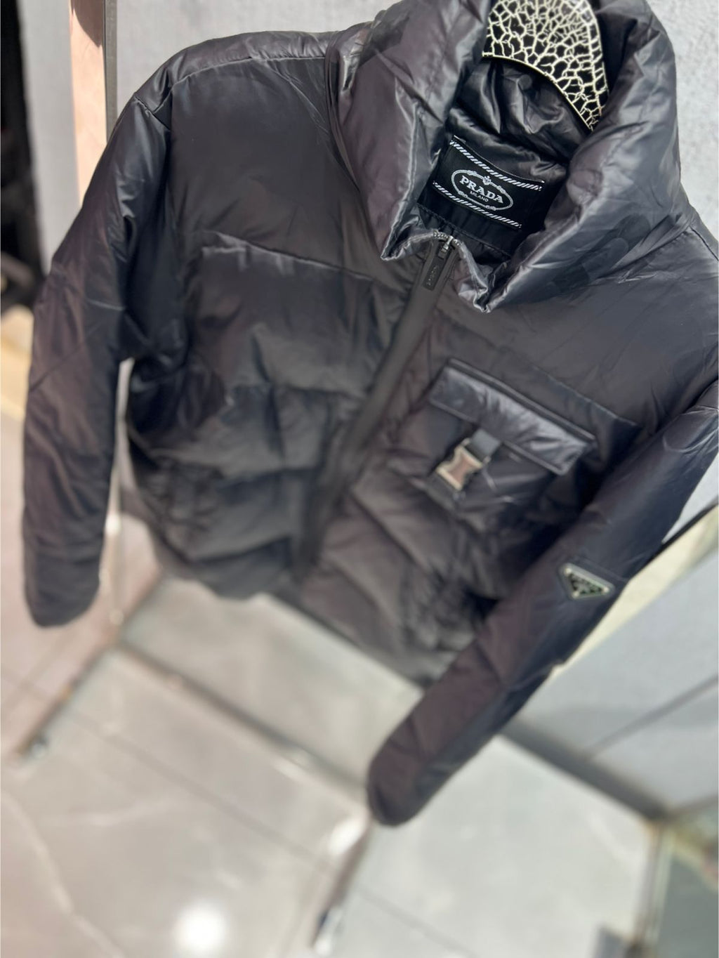 Prada - Re-Nylon Technical Down Jacket with Buckle Detail - Black