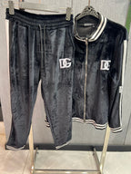 Dolce & Gabbana - Luxury Black Velvet Tracksuit Set – DG Logo & White Stripe Detail
