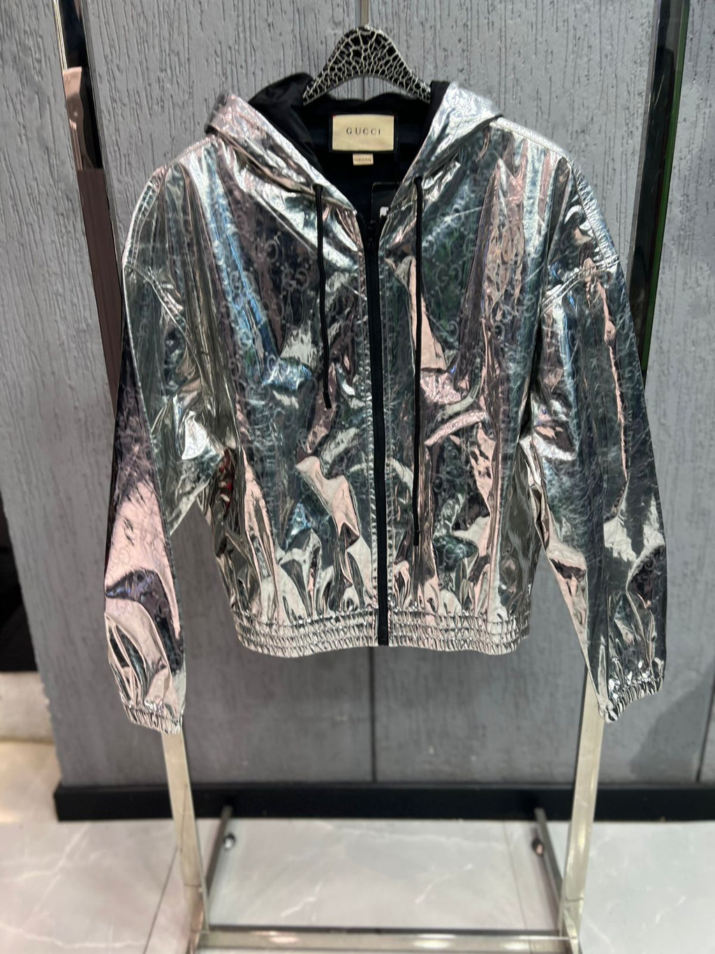 Gucci - Metallic Silver Laminated GG Monogram Hooded Jacket