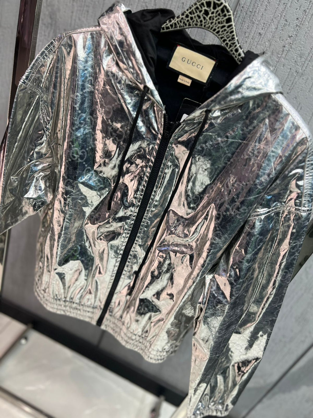 Gucci - Metallic Silver Laminated GG Monogram Hooded Jacket