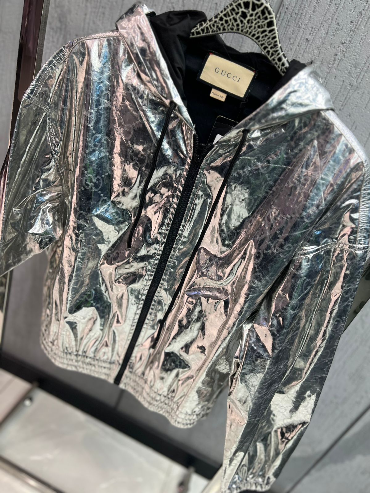 Gucci - Metallic Silver Laminated GG Monogram Hooded Jacket