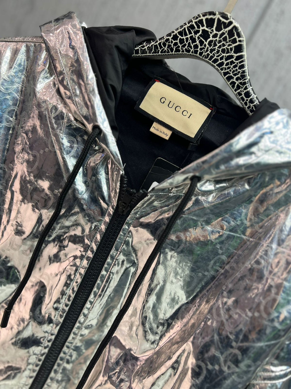 Gucci - Metallic Silver Laminated GG Monogram Hooded Jacket