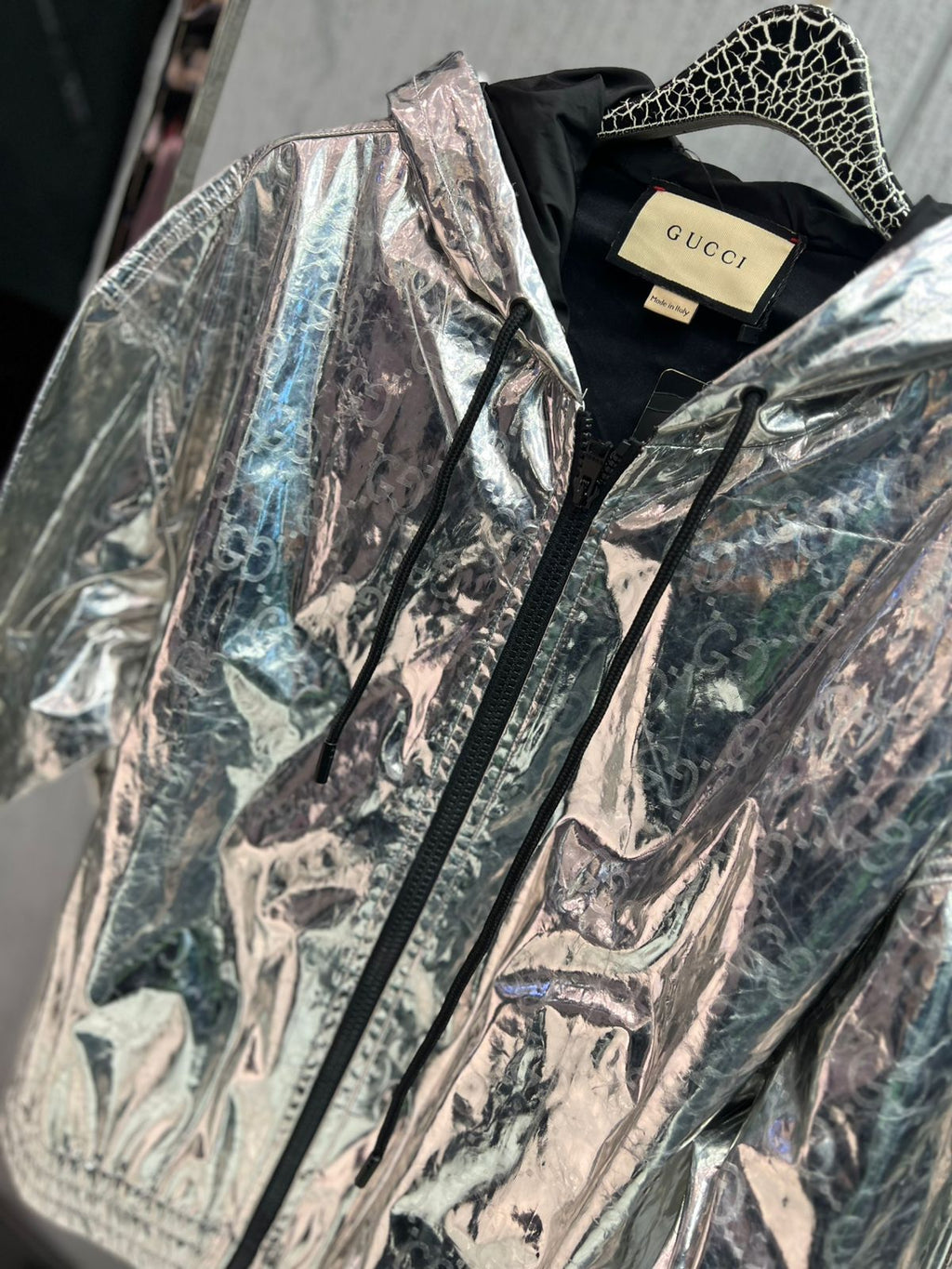 Gucci - Metallic Silver Laminated GG Monogram Hooded Jacket