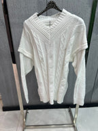 Fashion - White Cable Knit V-Neck Sweater – Layered Shoulder Detail