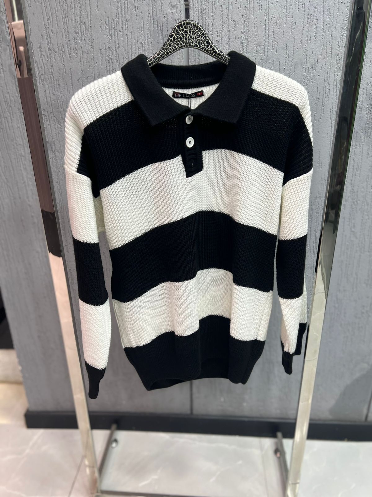 Lagos - Signature Block-Stripe Knit Polo – Black/Ecru