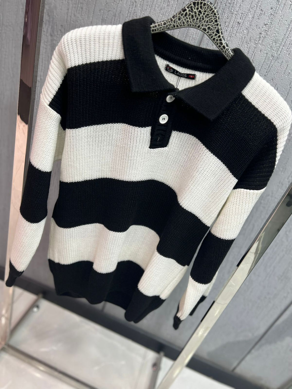Lagos - Signature Block-Stripe Knit Polo – Black/Ecru
