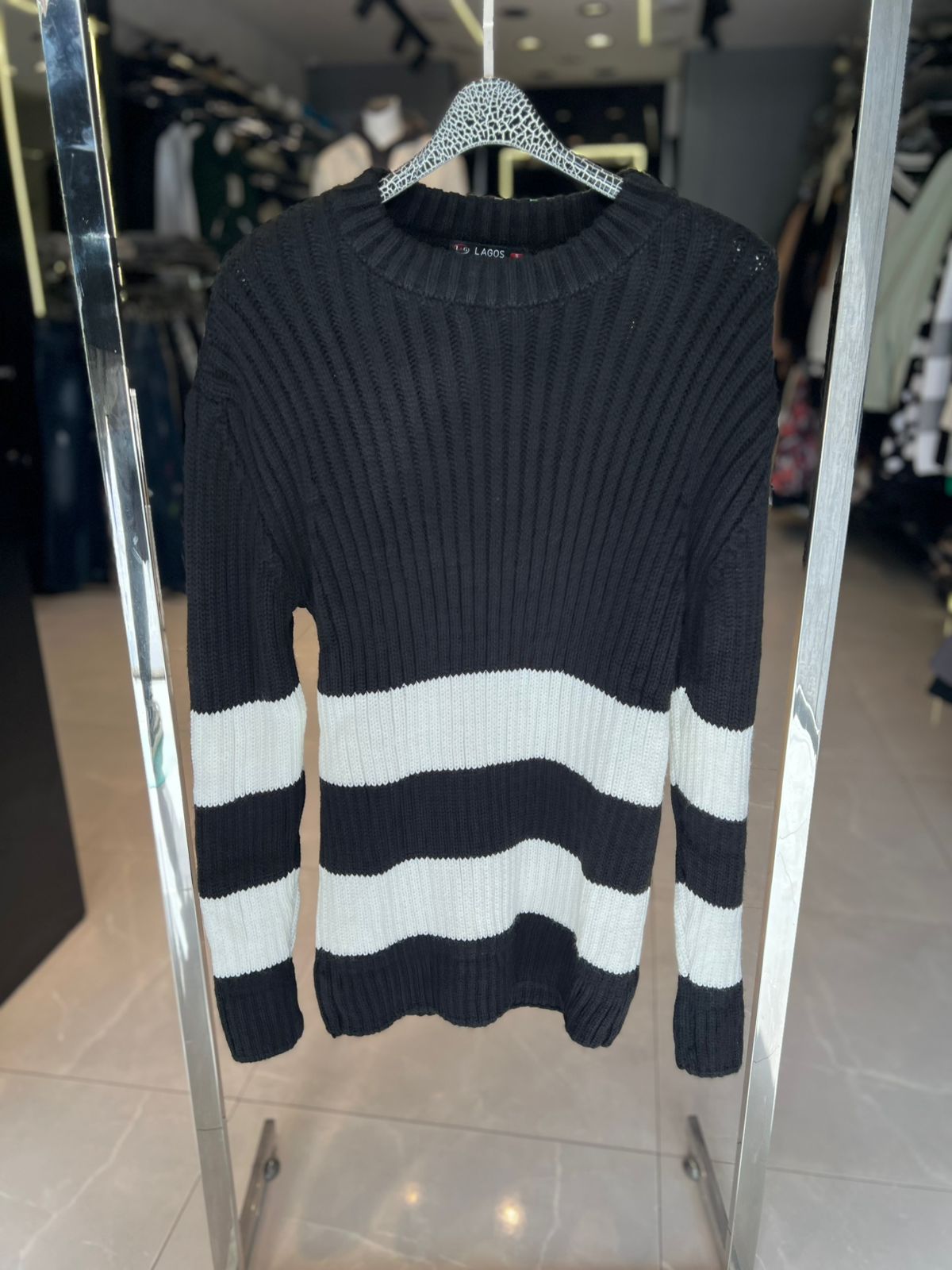 Lagos - Heavyweight Ribbed Knit Sweater with Bold Block Stripes - Black/White