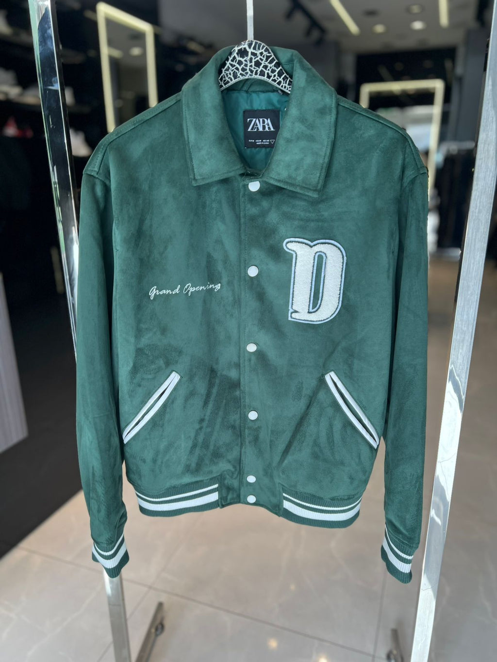 Zara "Grand Opening" Suede-Effect Varsity Jacket - Forest Green