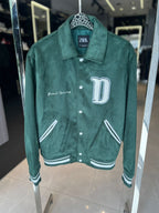 Zara "Grand Opening" Suede-Effect Varsity Jacket - Forest Green
