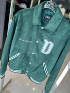 Zara "Grand Opening" Suede-Effect Varsity Jacket - Forest Green