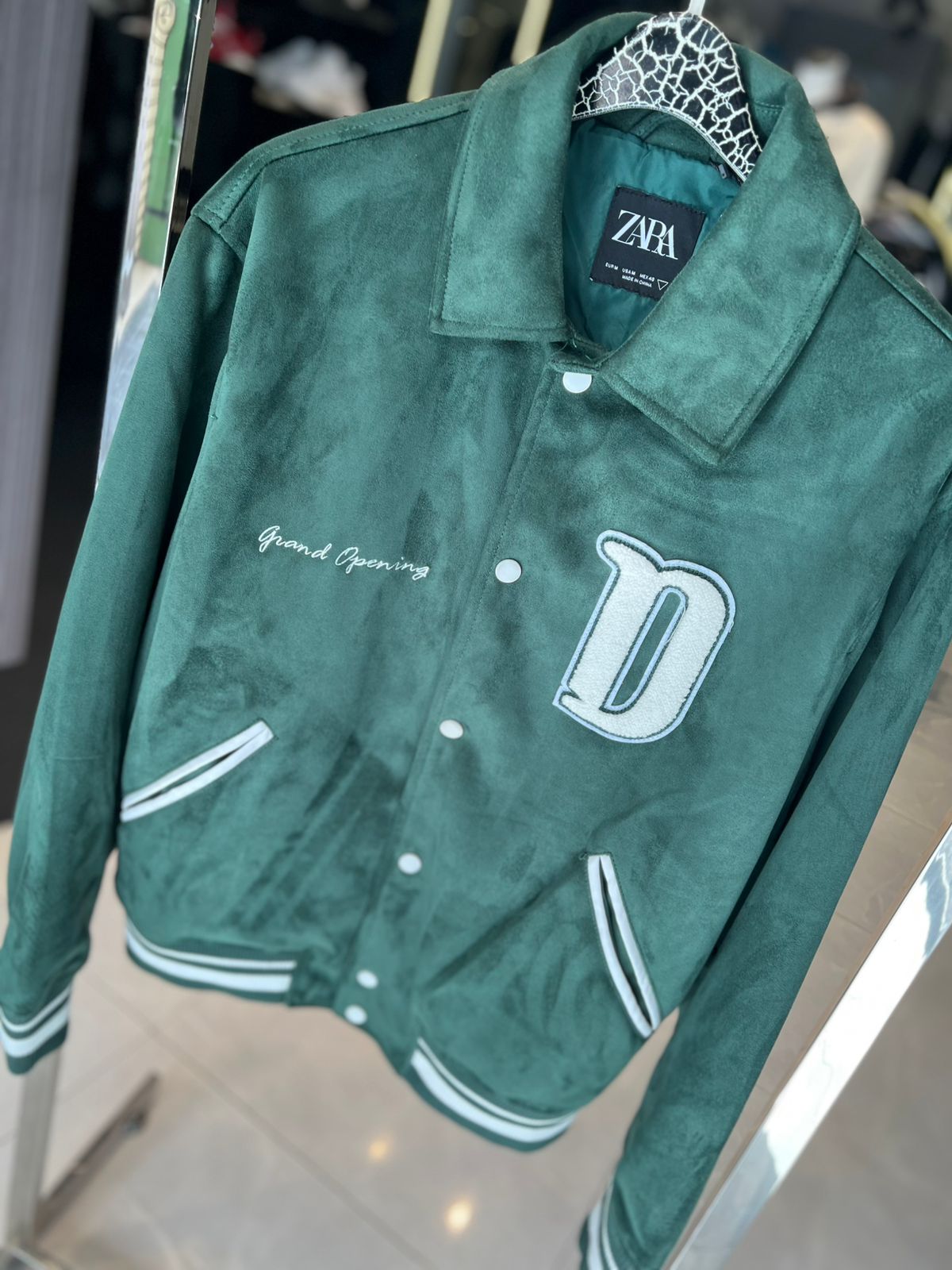 Zara "Grand Opening" Suede-Effect Varsity Jacket - Forest Green