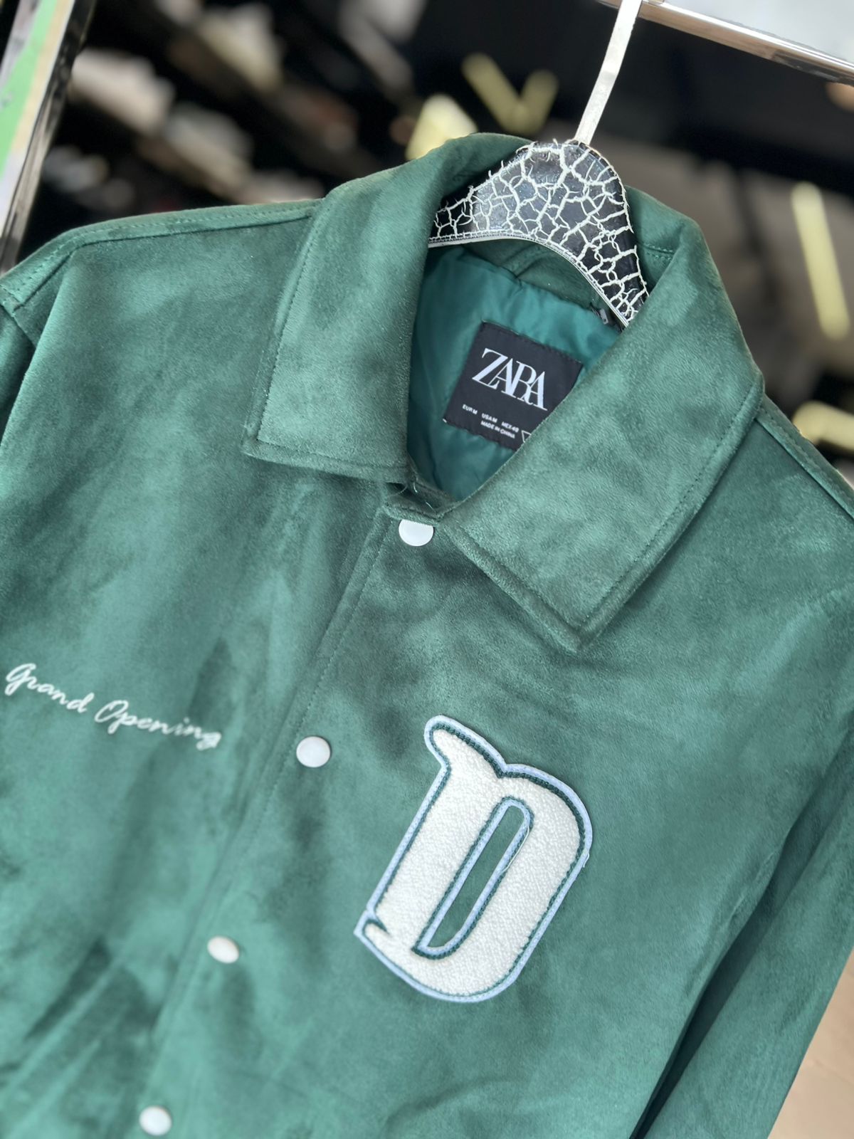 Zara "Grand Opening" Suede-Effect Varsity Jacket - Forest Green