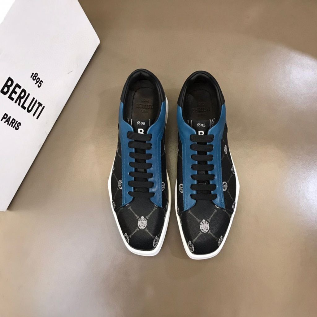 Berluti Signature Crest Canvas & Leather Sneakers - Black/Blue