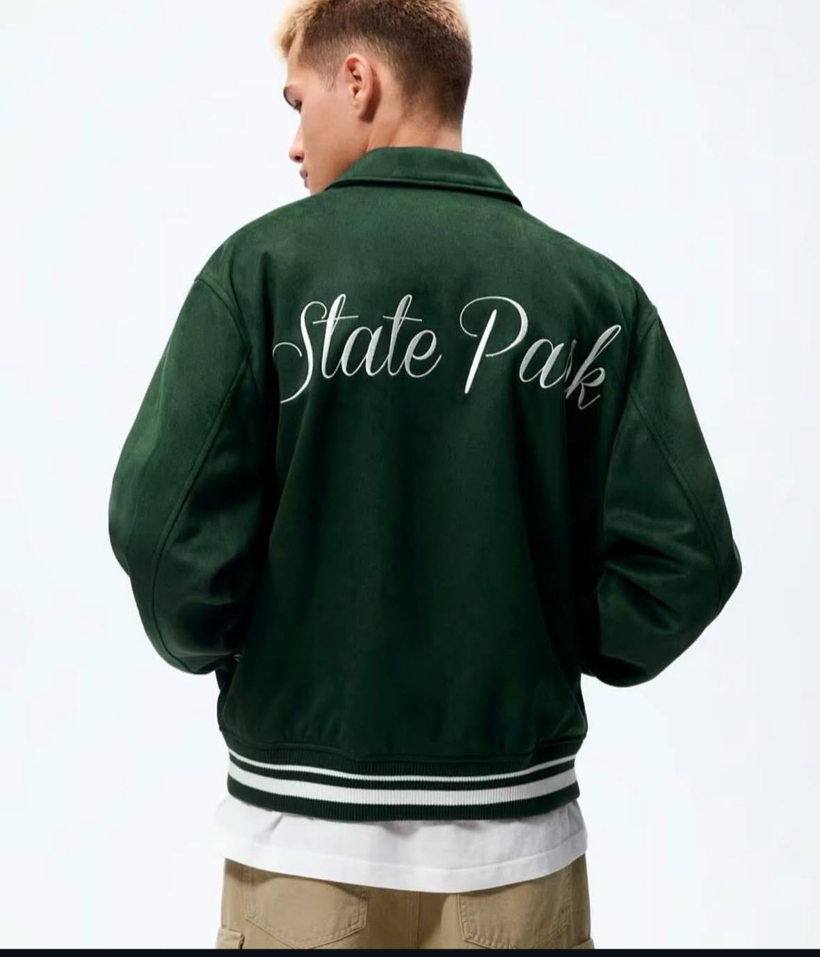 Zara - "Grand Opening" Faux Suede Varsity Jacket - Forest Green