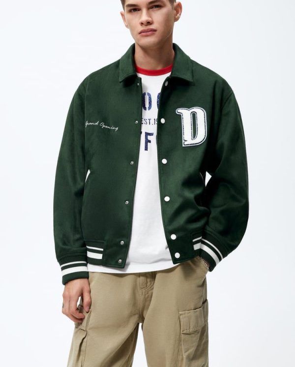 Zara - "Grand Opening" Faux Suede Varsity Jacket - Forest Green