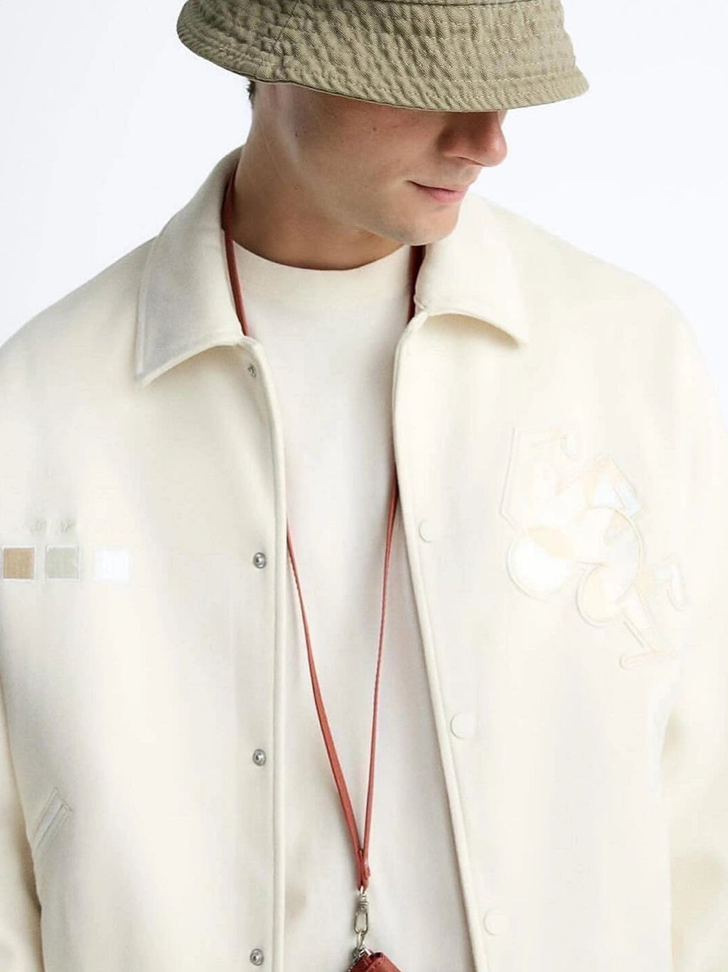 Zara - Ecru Collared Varsity Jacket with Abstract Embroidery - Cream/Beige