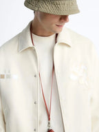 Zara - Ecru Collared Varsity Jacket with Abstract Embroidery - Cream/Beige
