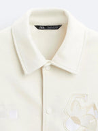 Zara - Ecru Collared Varsity Jacket with Abstract Embroidery - Cream/Beige