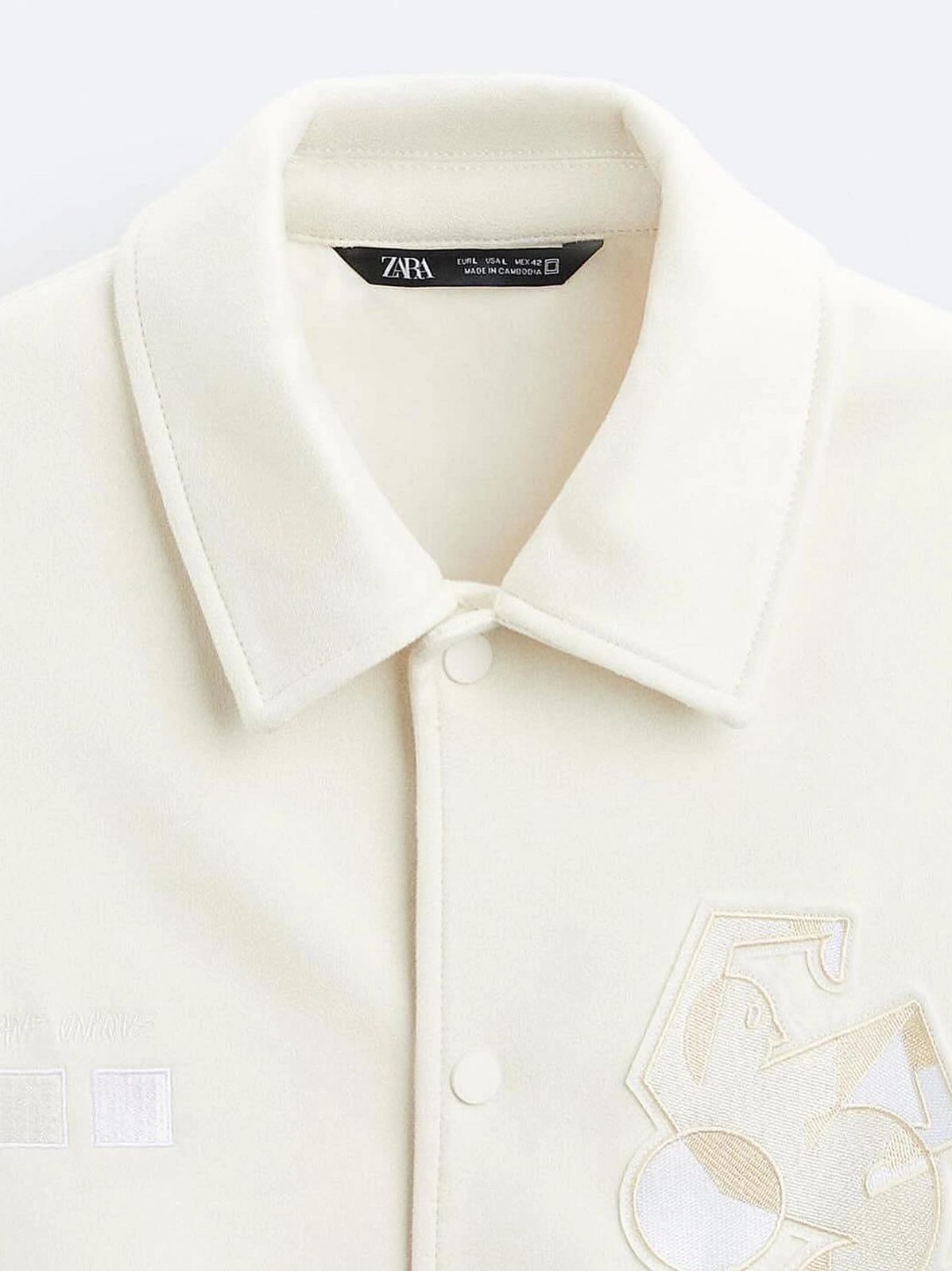 Zara - Ecru Collared Varsity Jacket with Abstract Embroidery - Cream/Beige