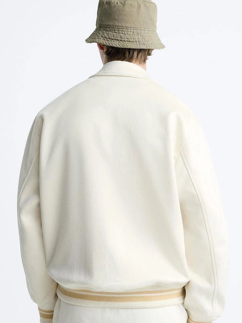 Zara - Ecru Collared Varsity Jacket with Abstract Embroidery - Cream/Beige