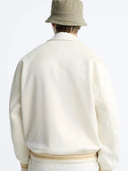 Zara - Ecru Collared Varsity Jacket with Abstract Embroidery - Cream/Beige