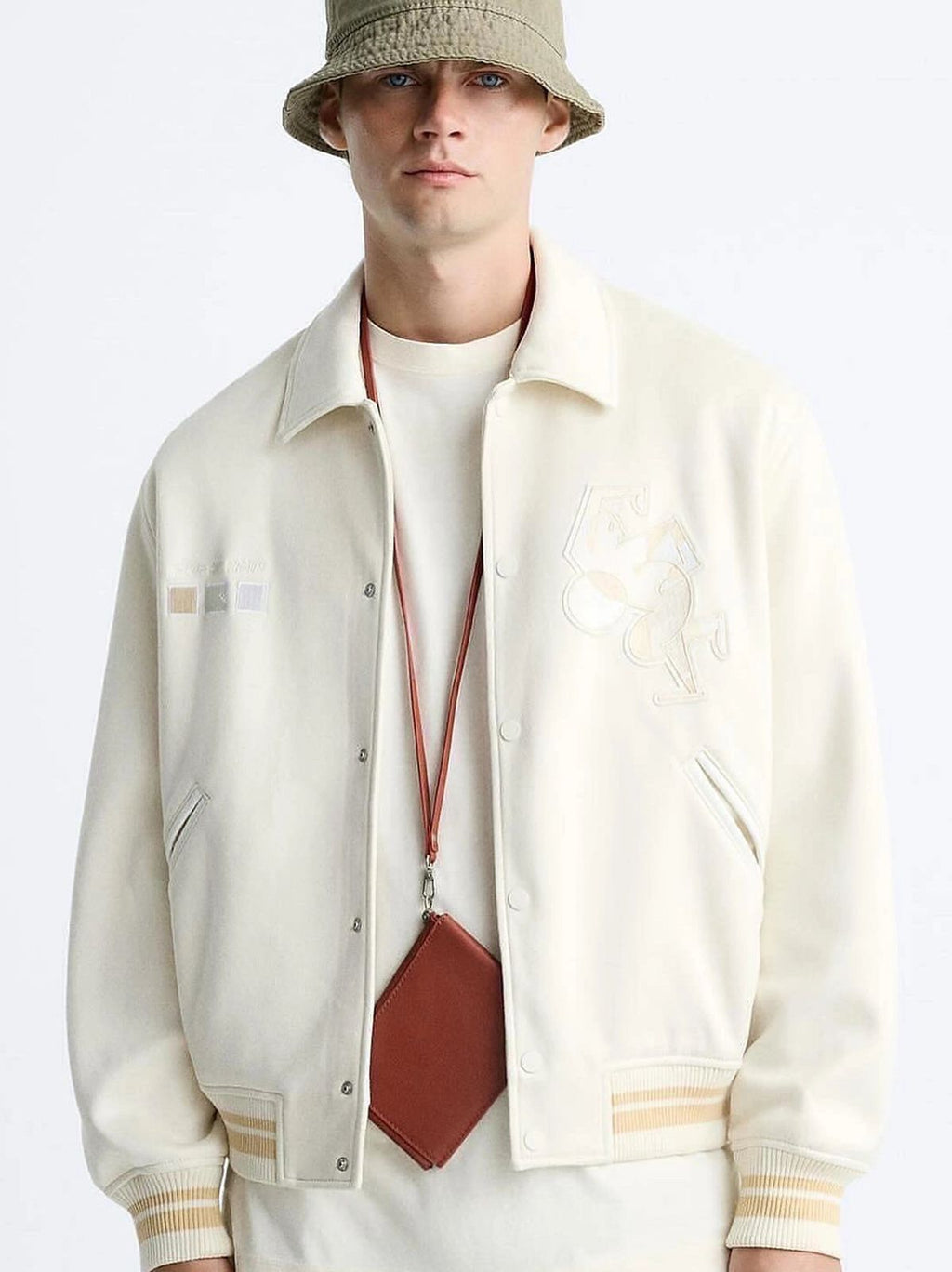 Zara - Ecru Collared Varsity Jacket with Abstract Embroidery - Cream/Beige