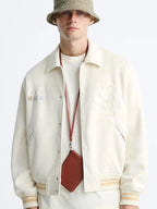 Zara - Ecru Collared Varsity Jacket with Abstract Embroidery - Cream/Beige