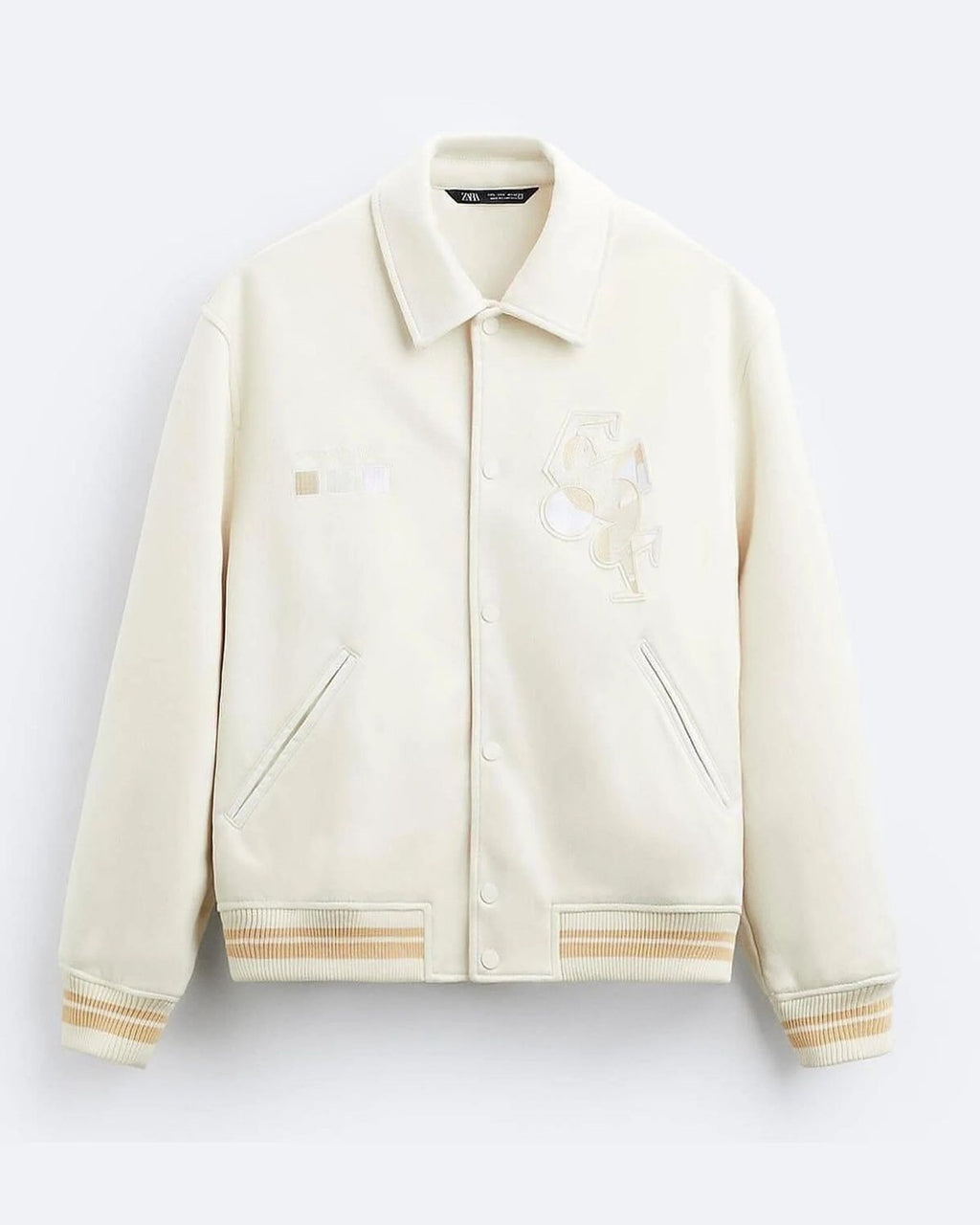 Zara - Ecru Collared Varsity Jacket with Abstract Embroidery - Cream/Beige