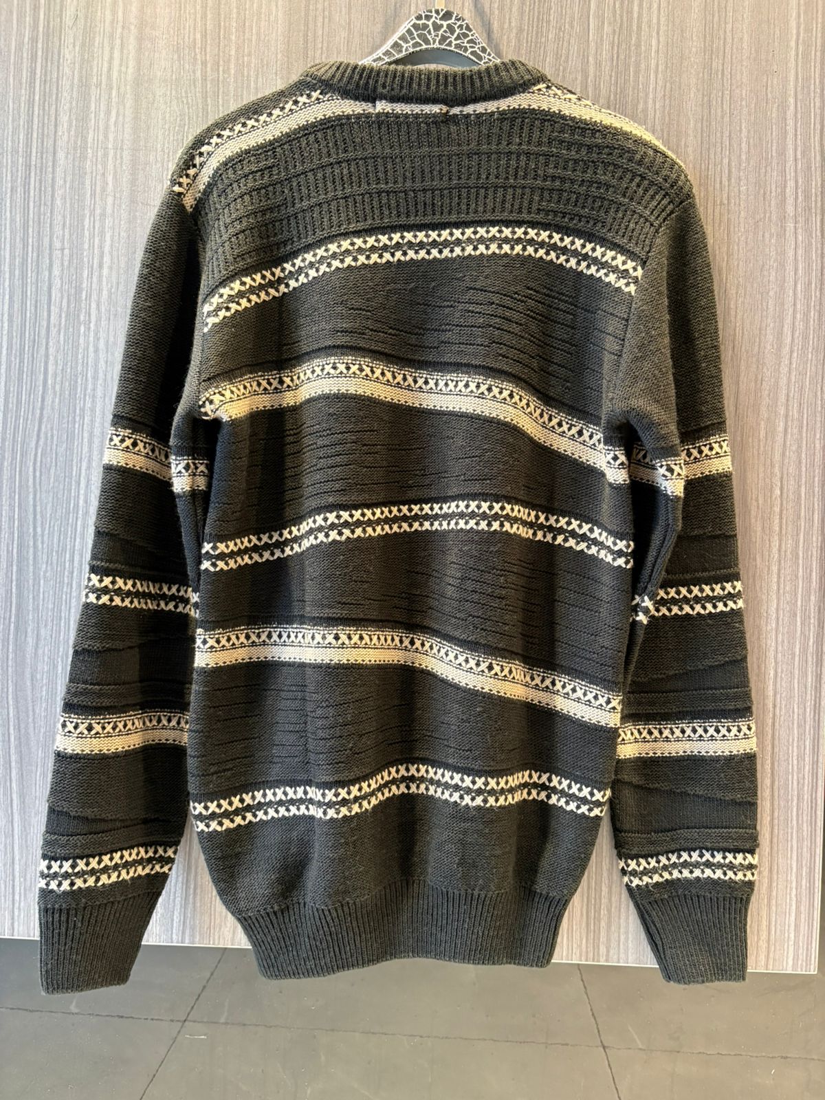 Store.eg - Men's Textured Knit Crewneck Sweater - Charcoal & Cream Stripe