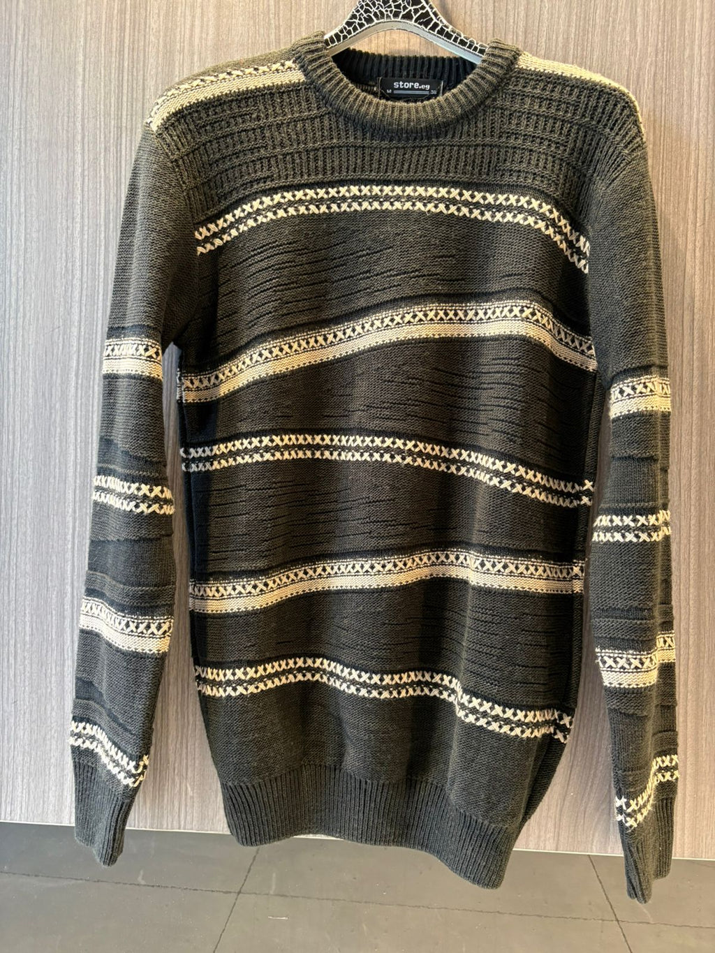 Store.eg - Men's Textured Knit Crewneck Sweater - Charcoal & Cream Stripe