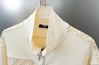 Fendi Cream Zip-Up Track Jacket with FF Logo Jacquard Panel