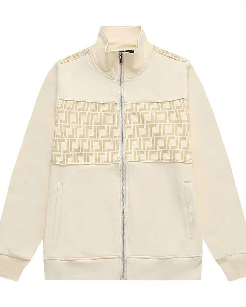Fendi Cream Zip-Up Track Jacket with FF Logo Jacquard Panel