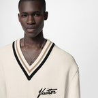 Louis Vuitton - Men's Cream Ribbed V-Neck Sweater with Script Logo