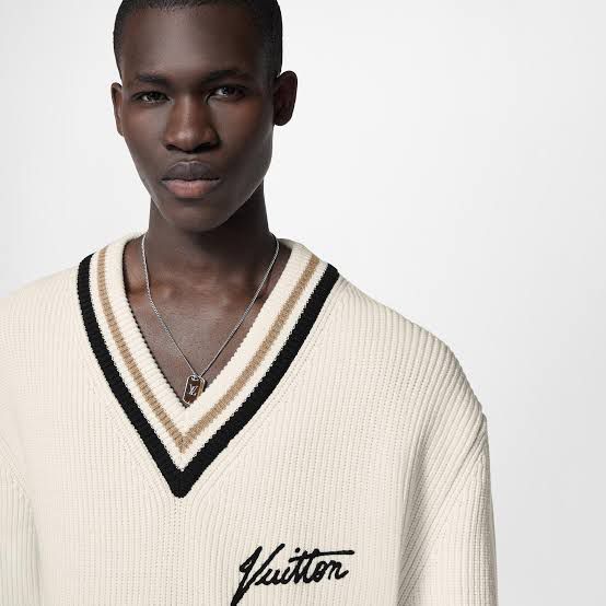 Louis Vuitton - Men's Cream Ribbed V-Neck Sweater with Script Logo