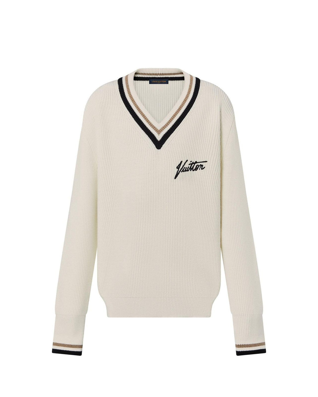 Louis Vuitton - Men's Cream Ribbed V-Neck Sweater with Script Logo