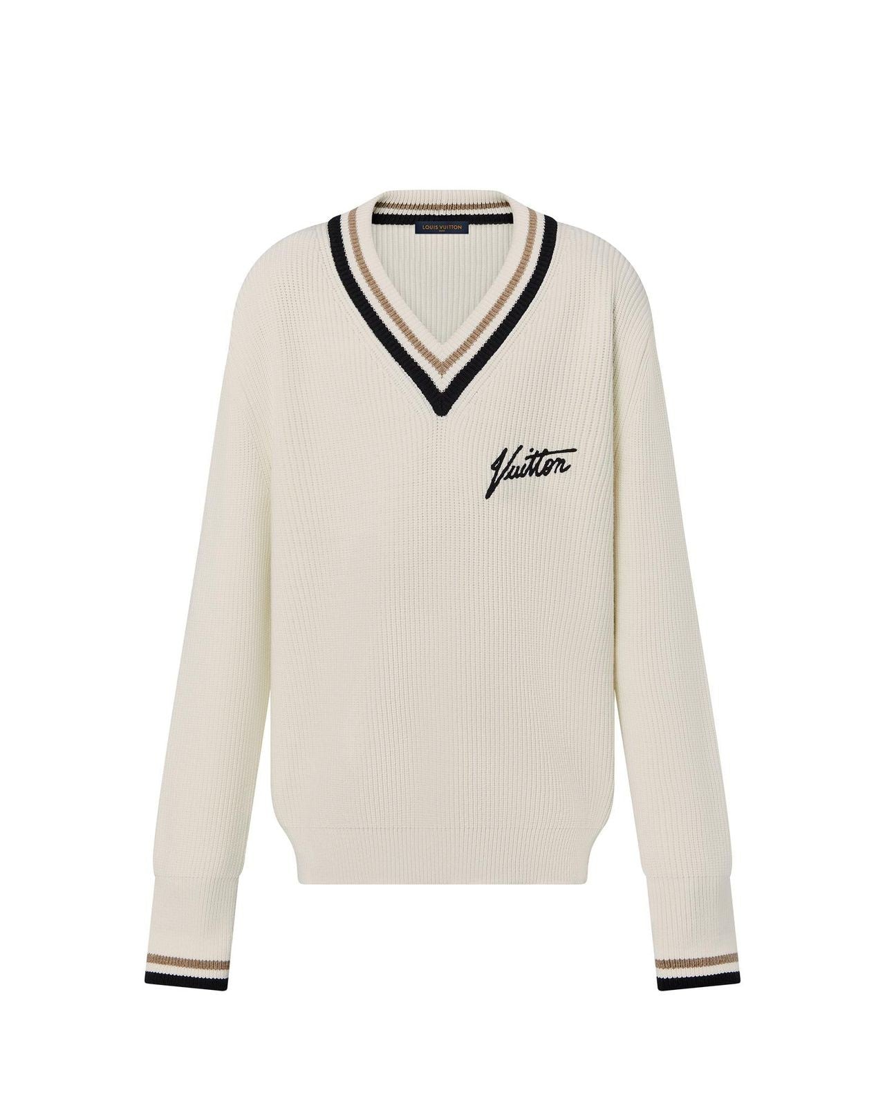Louis Vuitton - Men's Cream Ribbed V-Neck Sweater with Script Logo