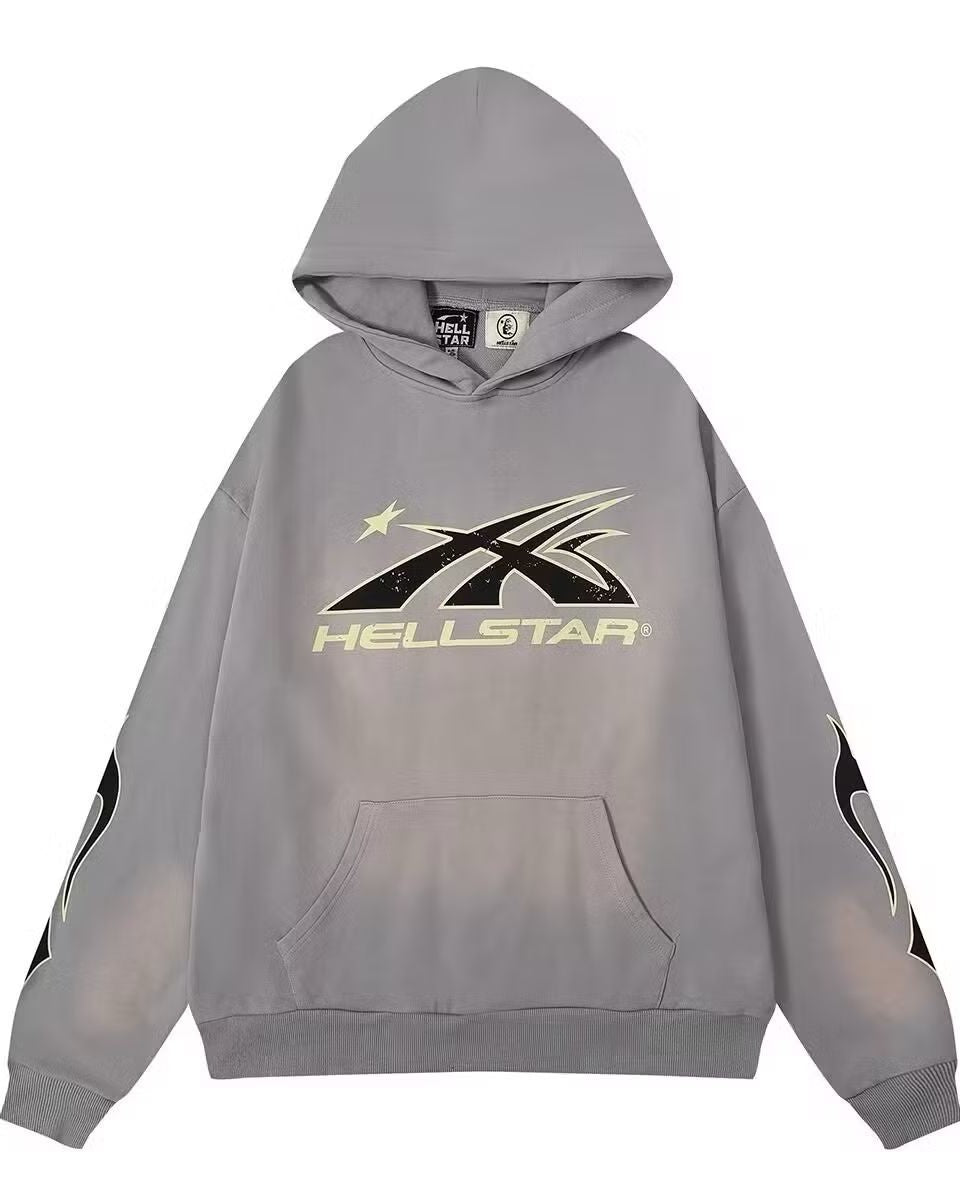 Hellstar - Studios "Sport" Logo Hoodie Set with Sleeve Flames - Vintage Washed Grey
