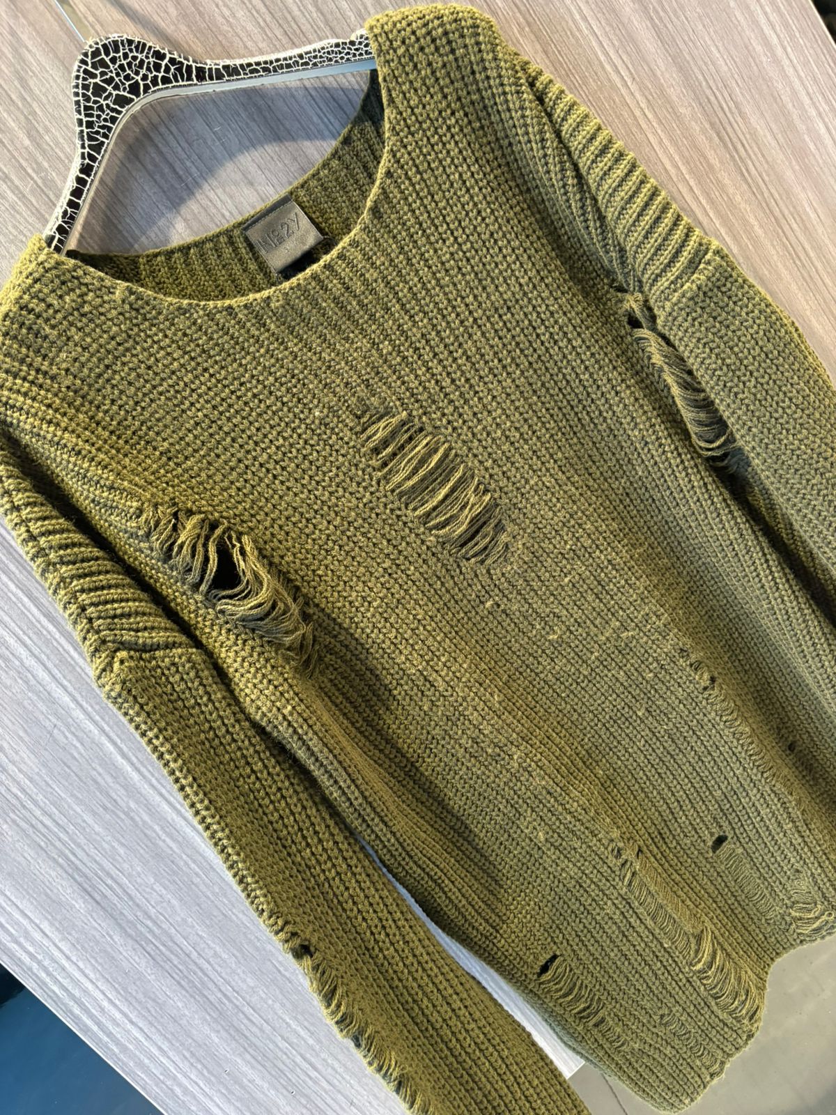 M2Y - Men's Distressed "Destroyed" Knit Sweater - Olive Green