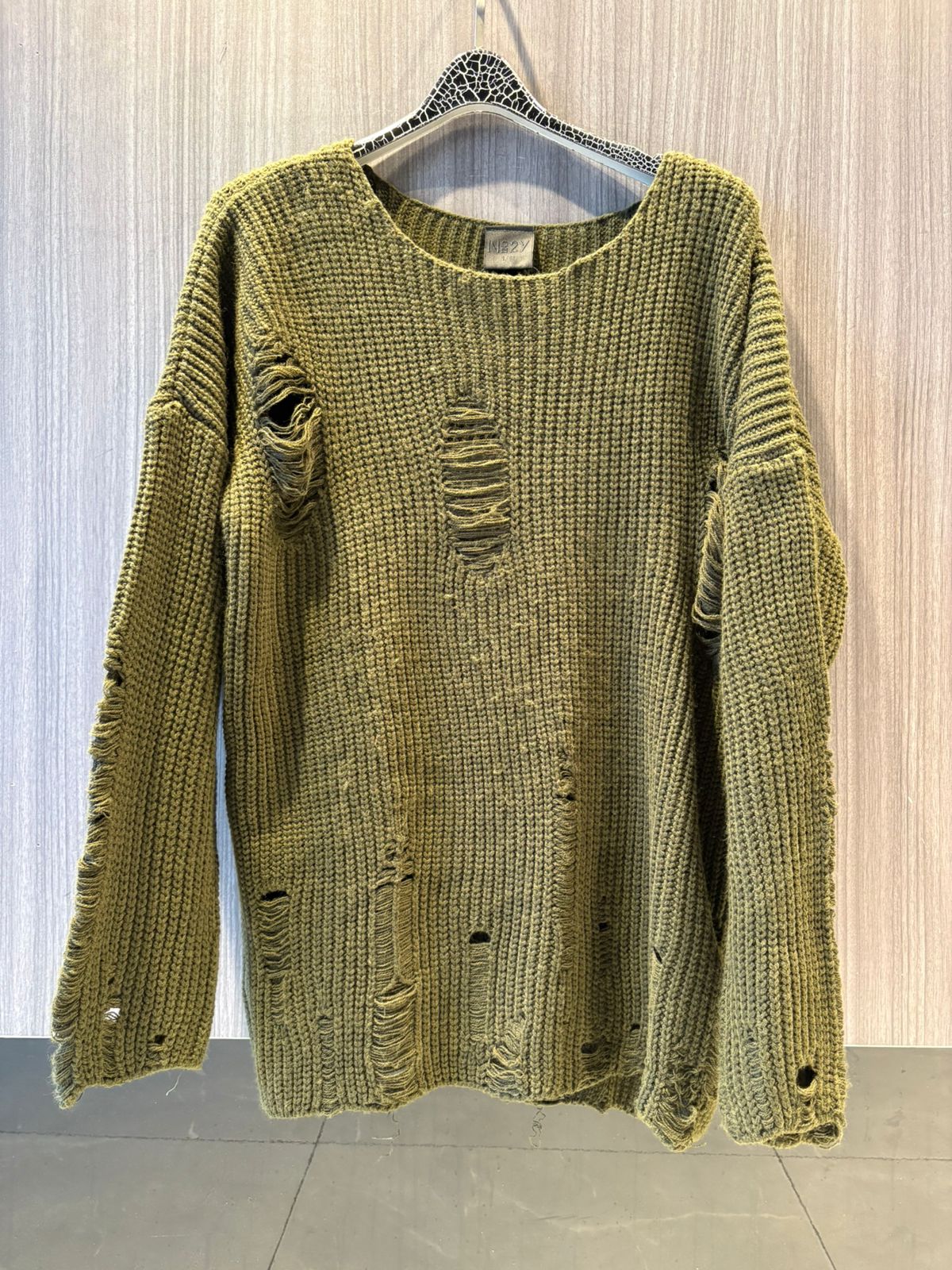 M2Y - Men's Distressed "Destroyed" Knit Sweater - Olive Green