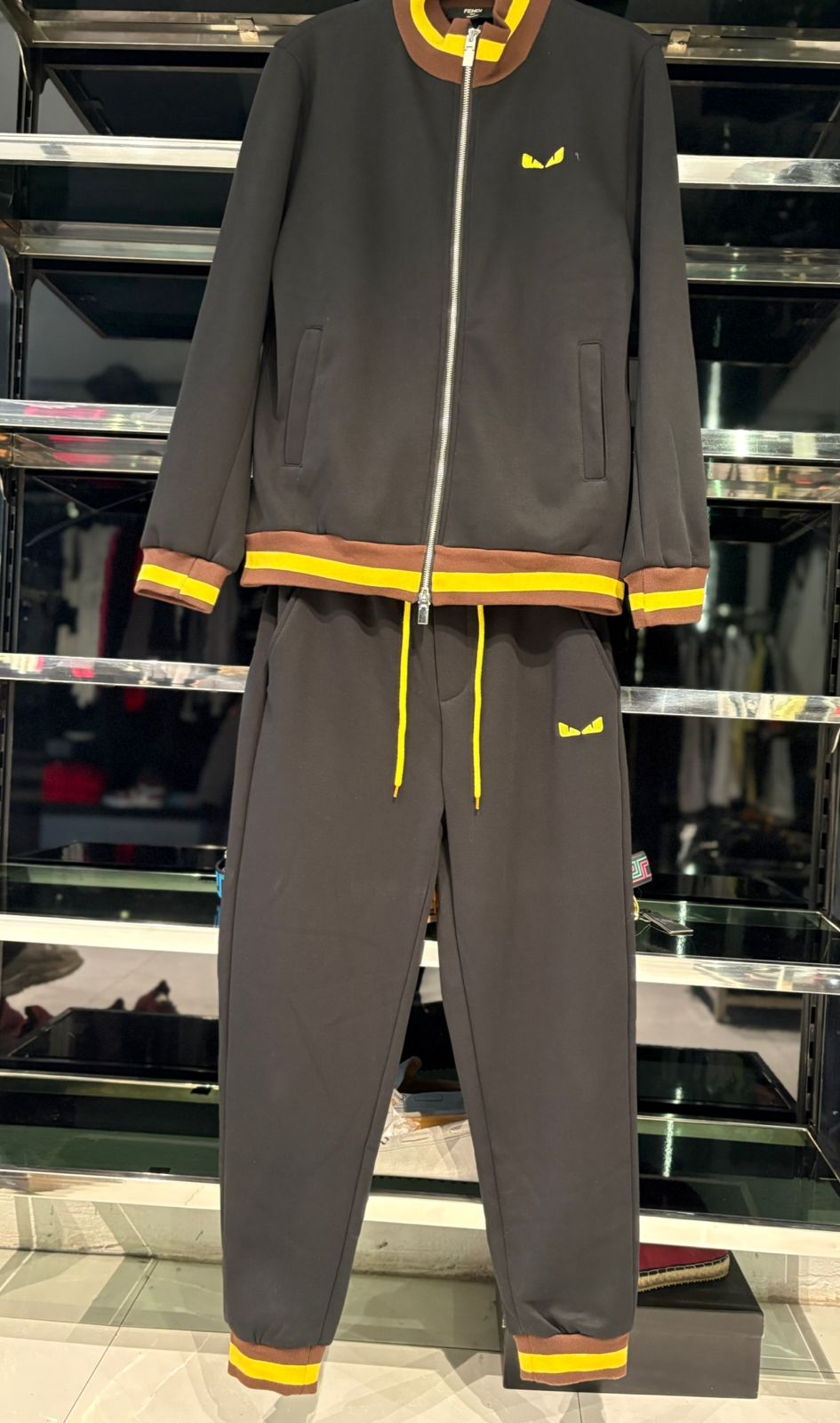 Fendi "Bag Bugs" Monster Eyes Tracksuit Set - Black with Yellow & Brown Trim