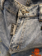 PLETN -Multi-Color Skull & Hexagon Embroidered Light Wash Denim Jeans