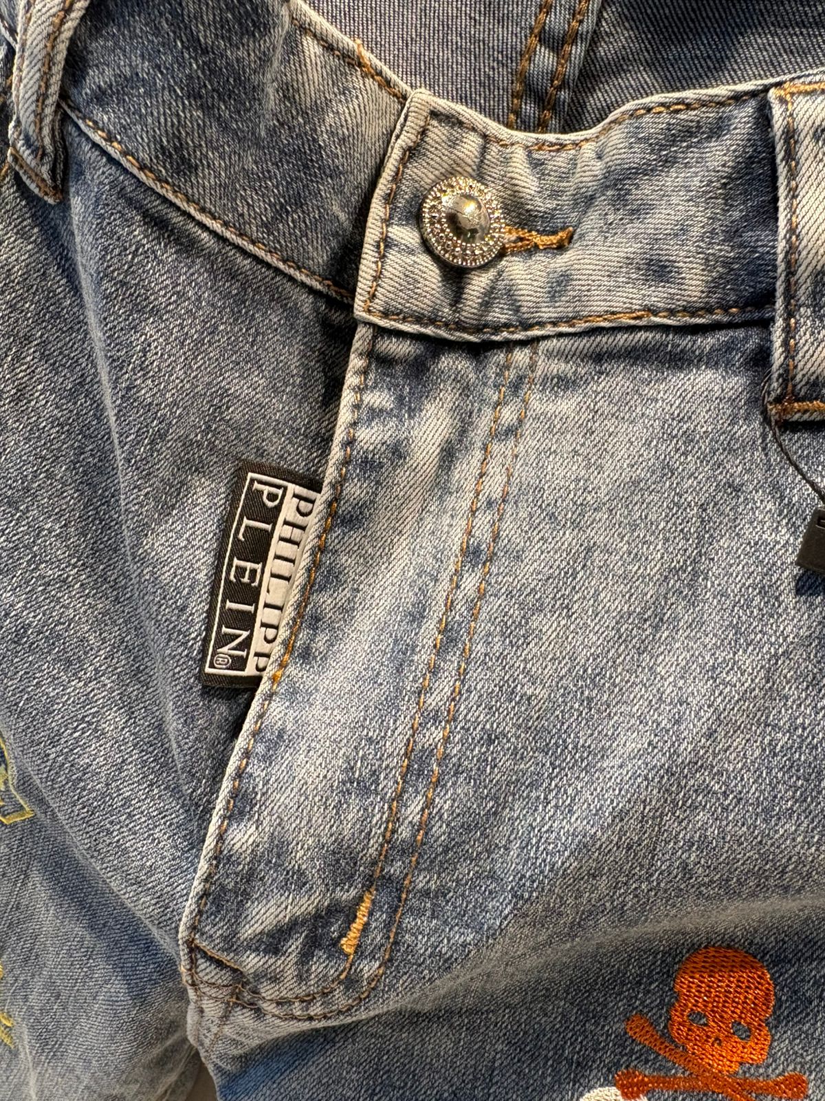 PLETN -Multi-Color Skull & Hexagon Embroidered Light Wash Denim Jeans