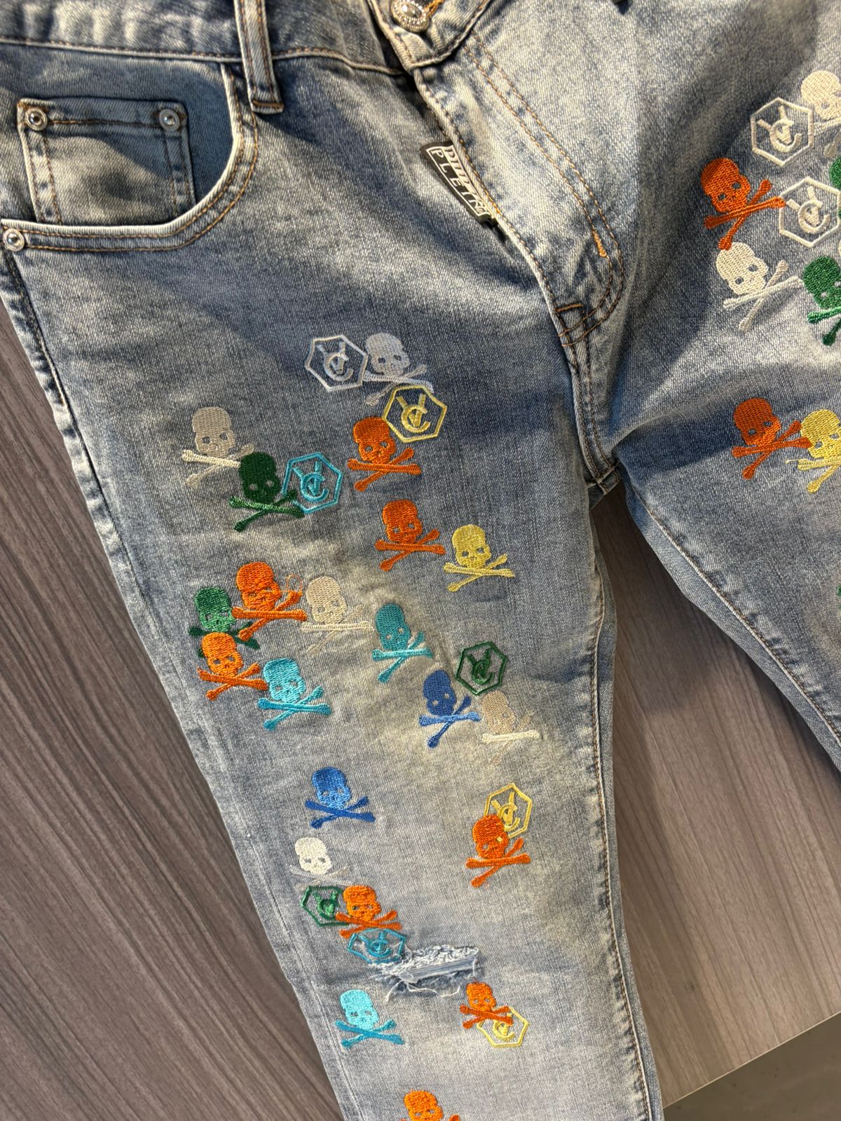 PLETN -Multi-Color Skull & Hexagon Embroidered Light Wash Denim Jeans
