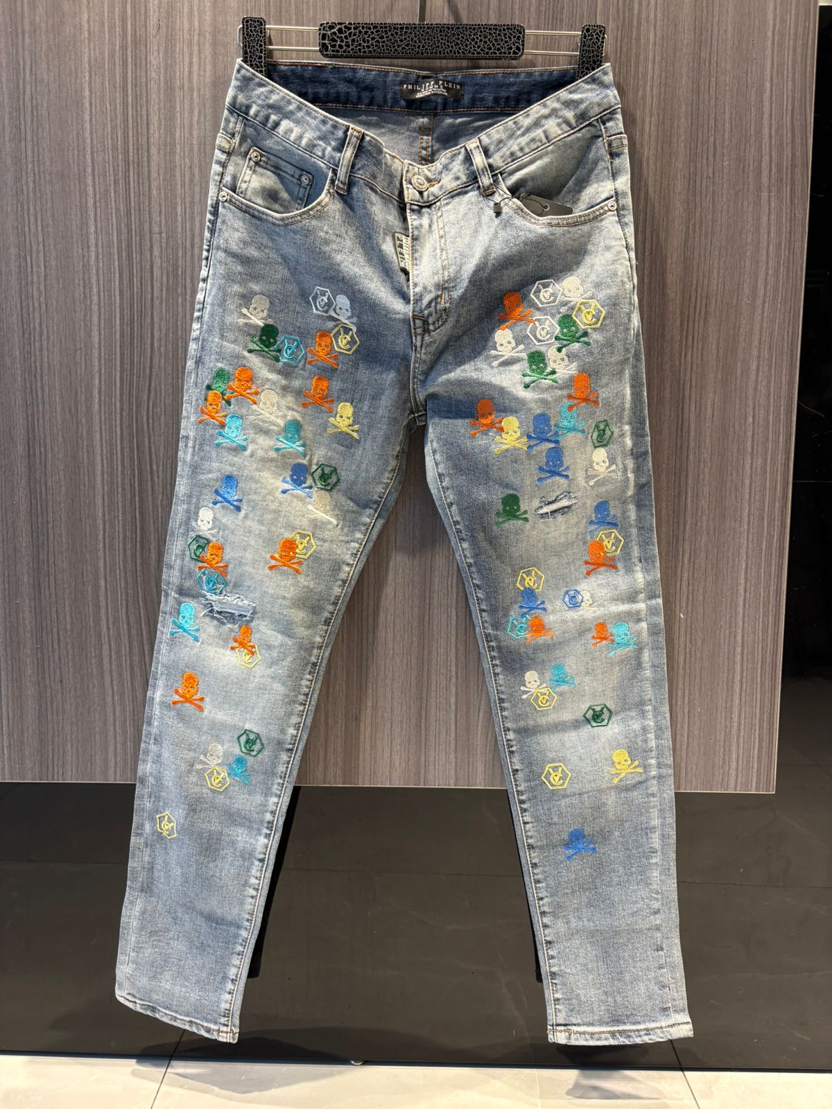 PLETN -Multi-Color Skull & Hexagon Embroidered Light Wash Denim Jeans