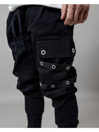 2Y Premium - Multi-Pocket Eyelet Strapped Cargo Joggers – Black