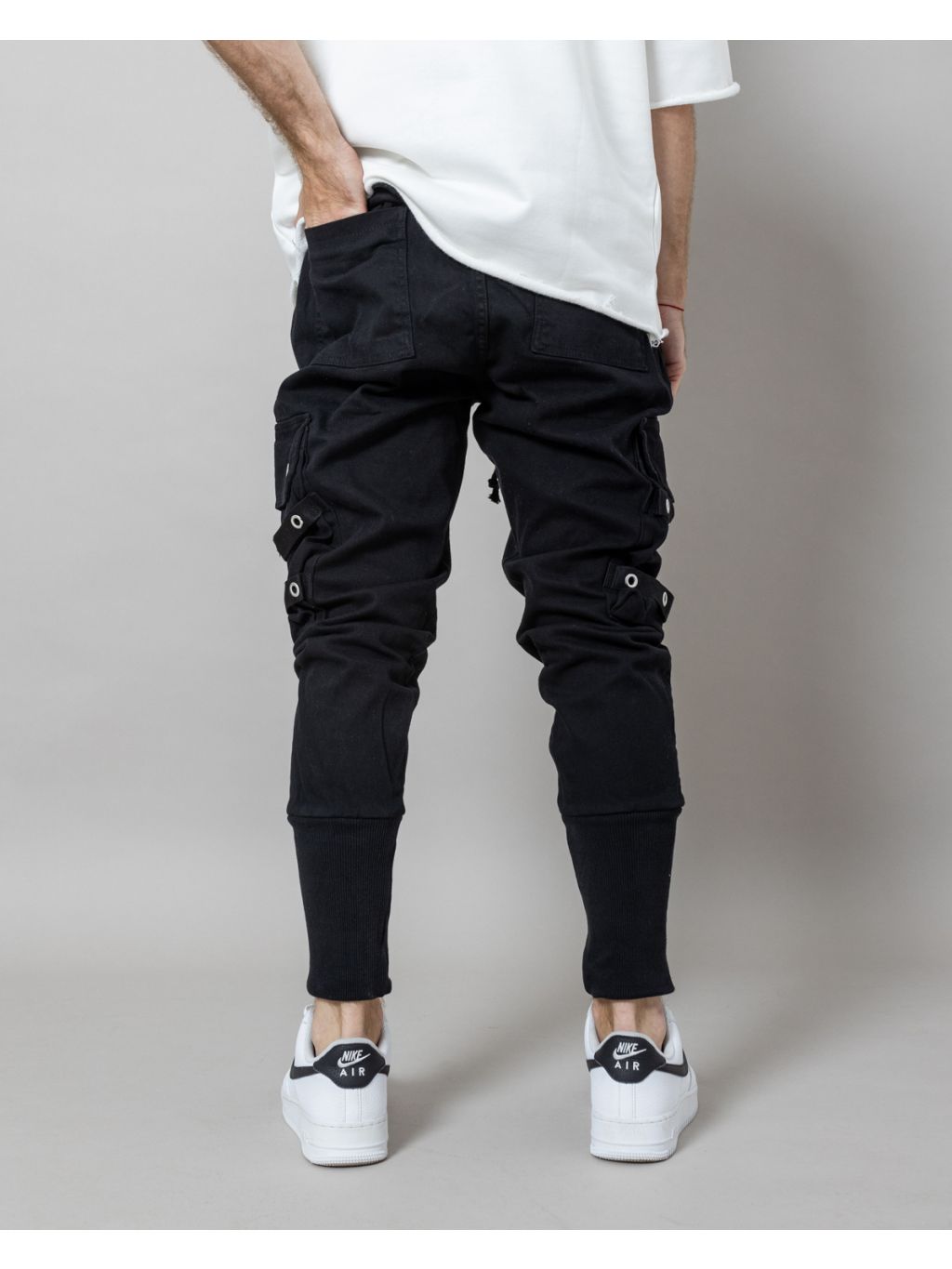 2Y Premium - Multi-Pocket Eyelet Strapped Cargo Joggers – Black