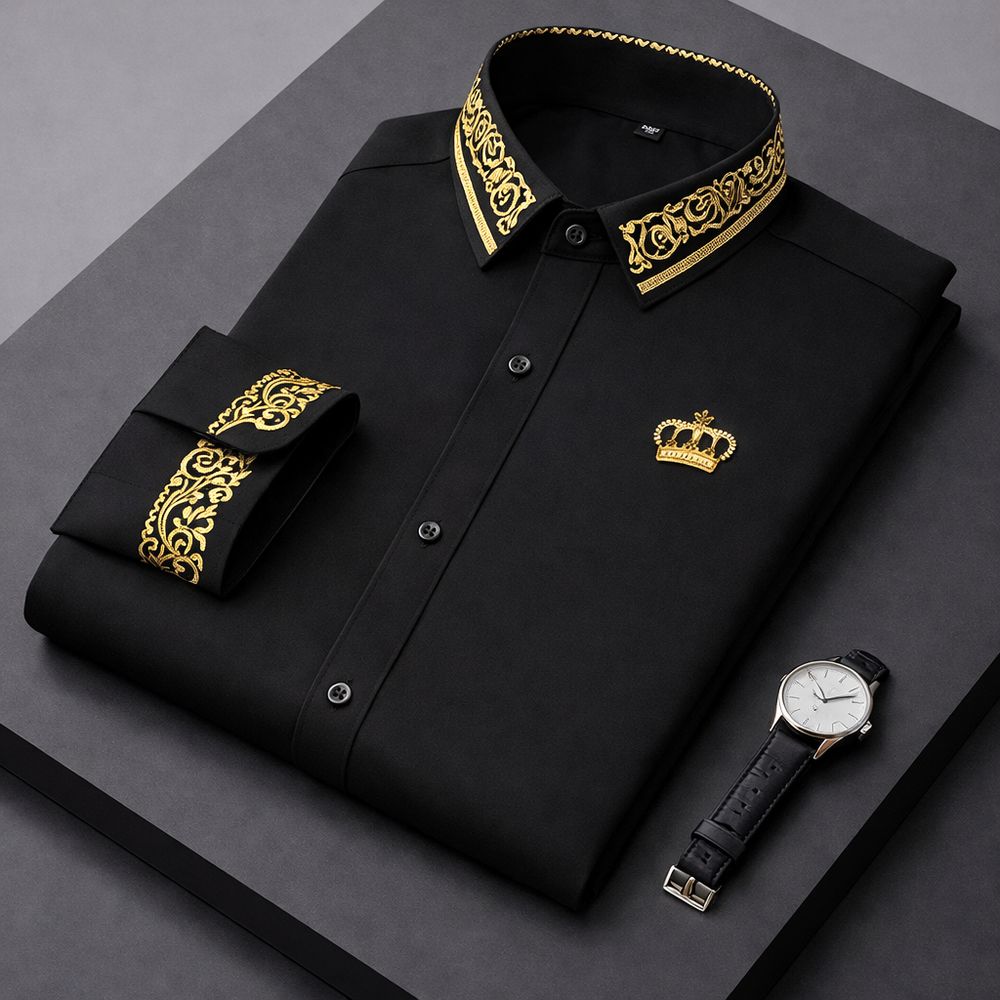 Black - Men's Royal Crown & Gold Baroque Collar Dress Shirt